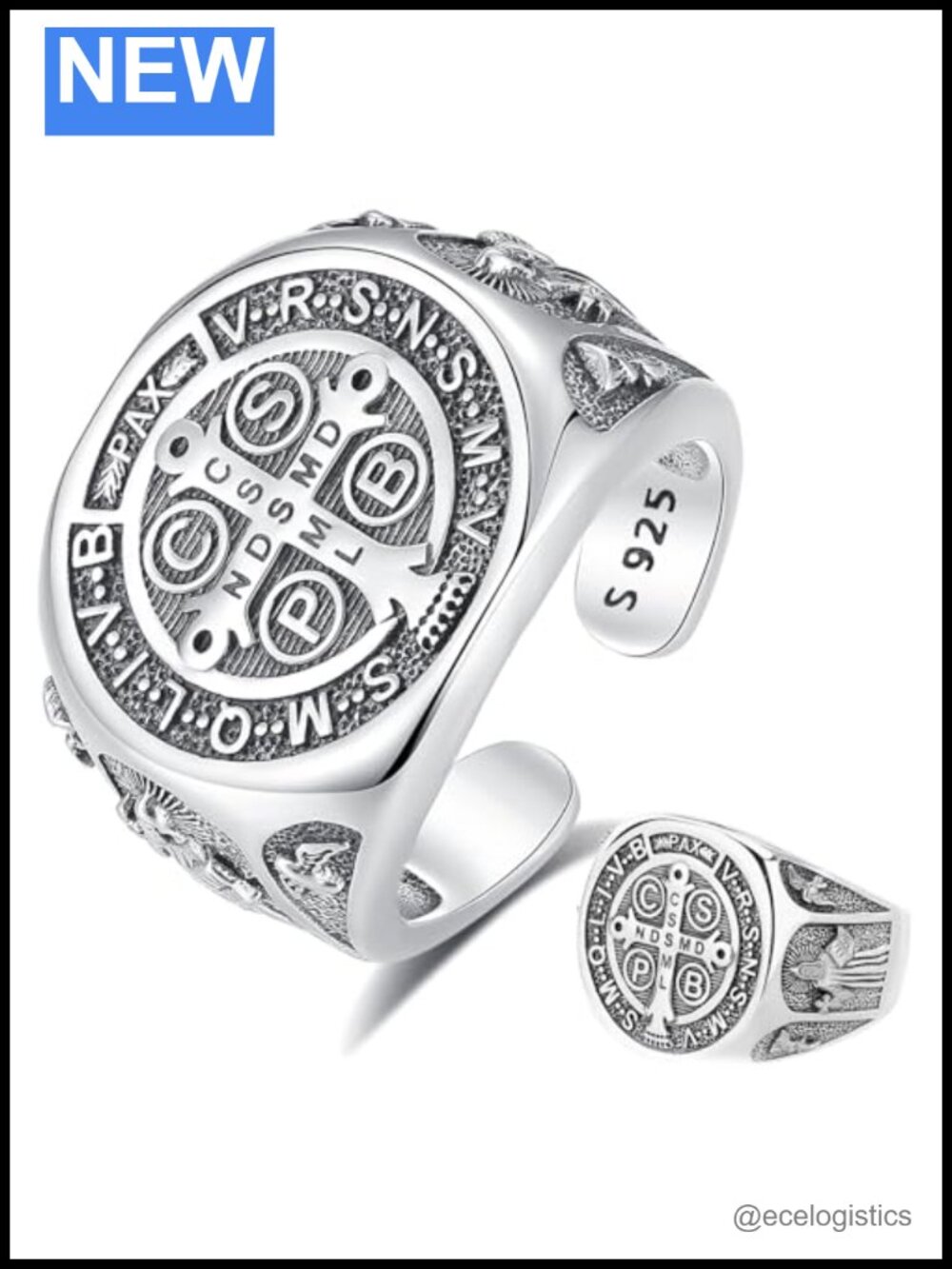 925 Sterling Silver St Benedict Adjustable Open Ring Religious Gift